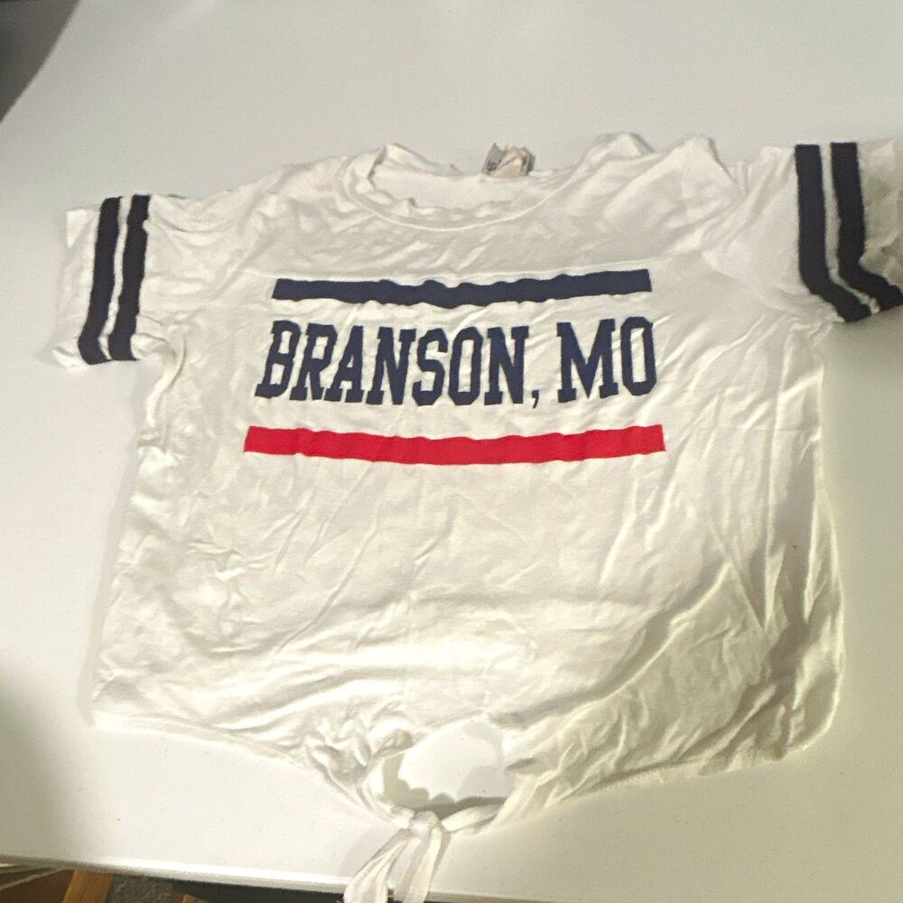 Popular Sports Women’s White Branson MO USA Crew Neck Tie-Front Tee: Size S